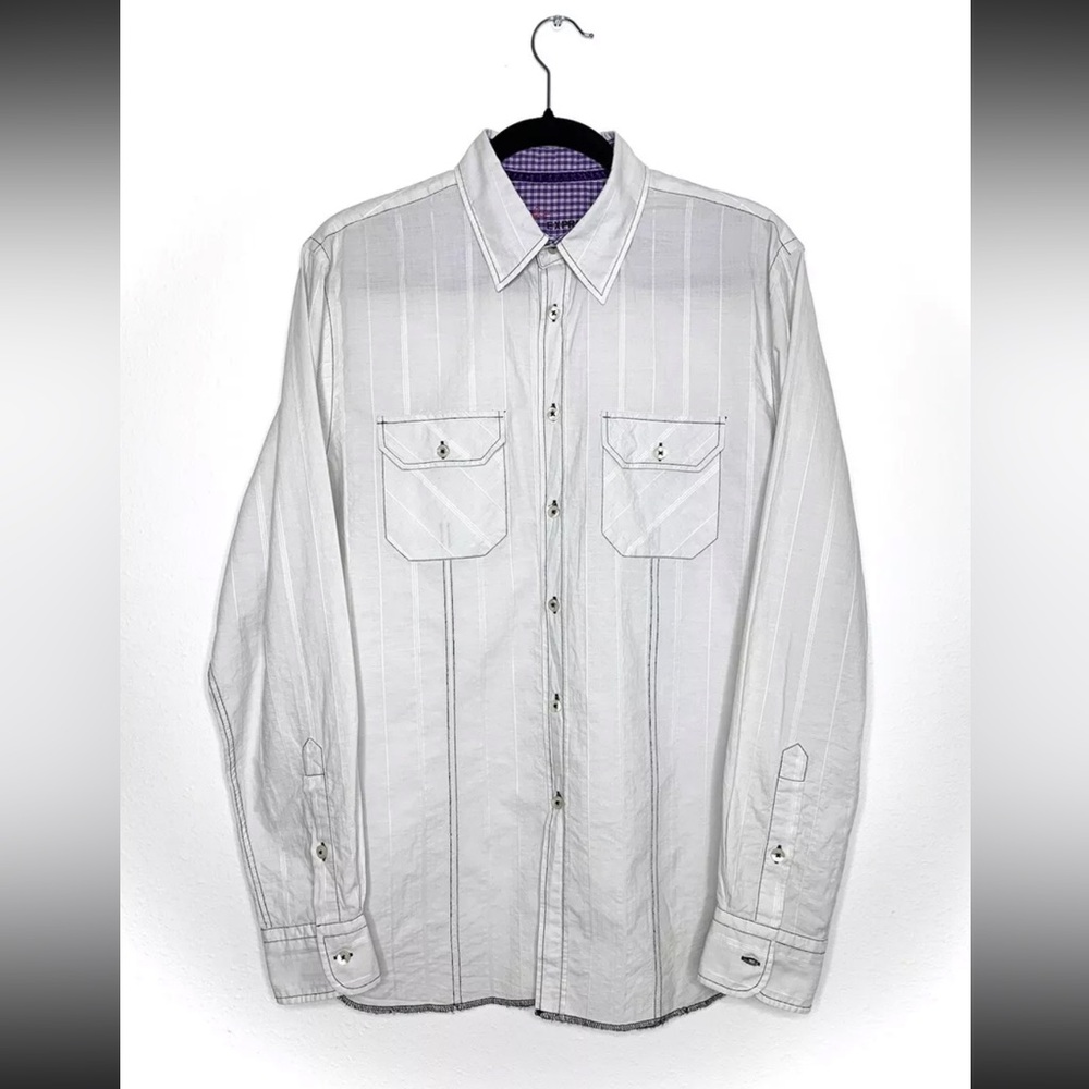 Express x Arnold Stuart Button Up Stripe Shirt Long Sleeve Silver Black Purple S